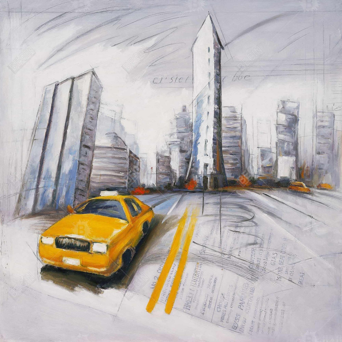 Yellow taxi and city sketch - 08x08 Print on canvas