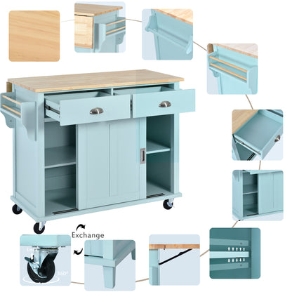 K&K Kitchen Cart with Rubber wood Drop-Leaf Countertop, Concealed sliding barn door adjustable height,Kitchen Island on 4 Wheels with Storage Cabinet and 2 Drawers,L52.2xW30.5xH36.6 inch, Mint Green