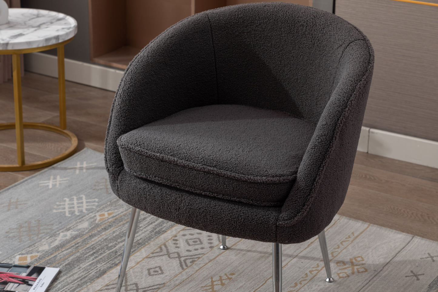 Soft Teddy Fabric Accent Armchair Dining Chair With Shining Electroplated Chrome Legs,Dark Gray