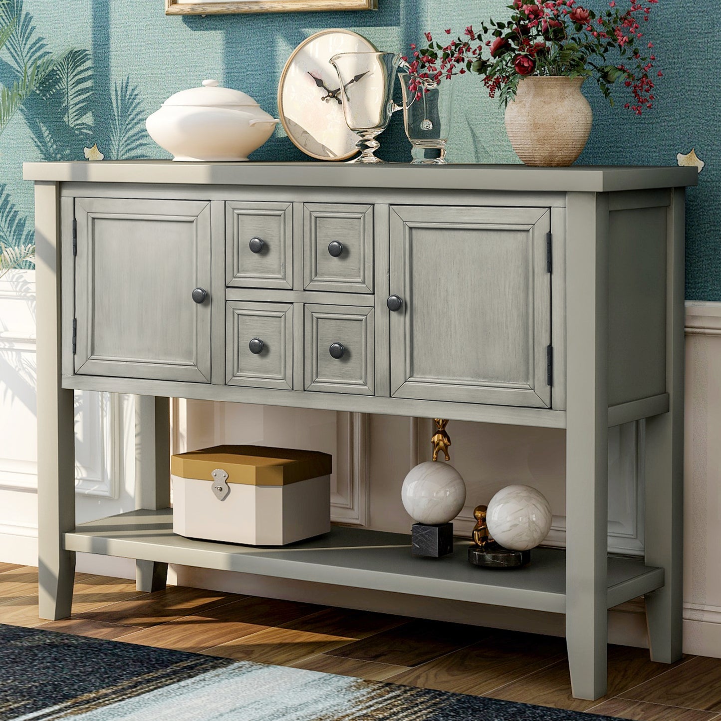 TREXM  Cambridge Series Buffet Sideboard Console Table with Bottom Shelf (Antique Gray)