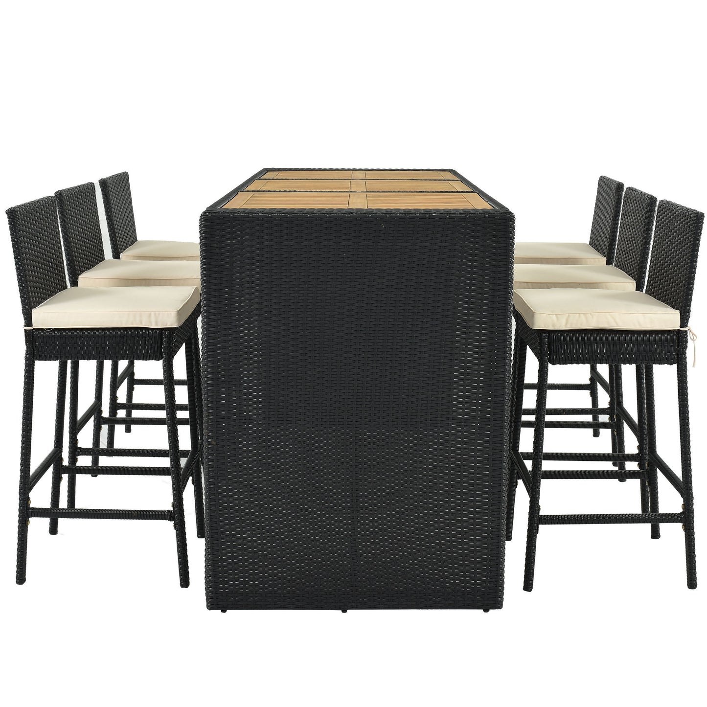 TOPMAX Outdoor Patio 7-Piece Rattan Dining Table Set, PE Wicker Bar Furniture Set with Wood Tabletop and 6 Dining Chairs for Backyard, Garden, Black Rattan+Beige Cushion