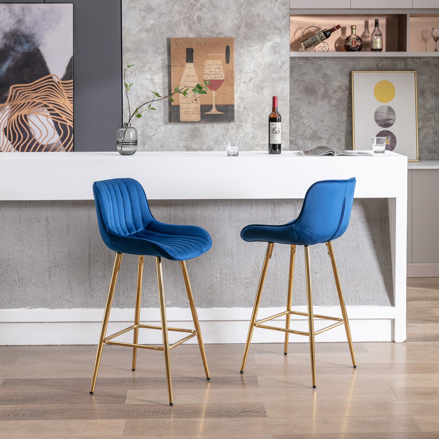 26 Inch Set of 2 Bar Stools,with Steel Frame Footrest Velvet Fabric Golden Leg Simple Bar Stool,BLUE