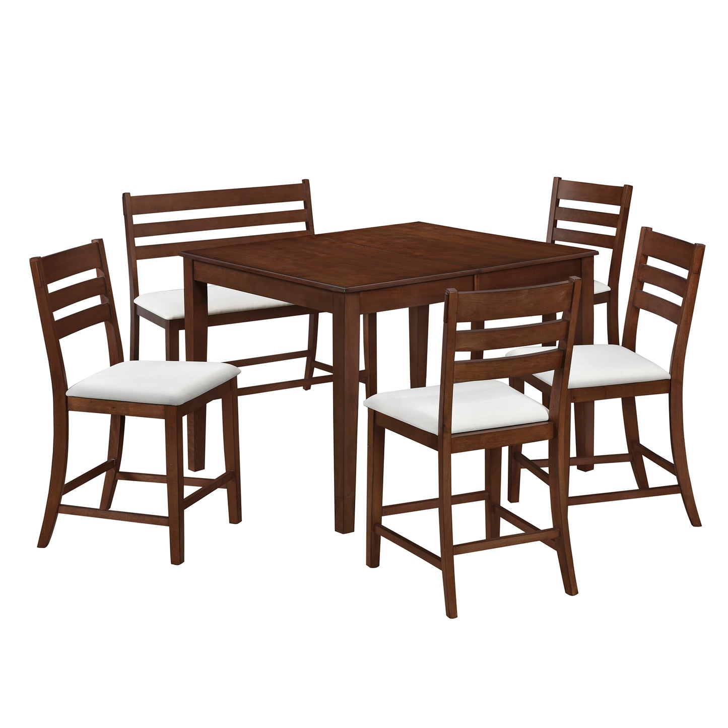 TOPMAX Farmhouse Extendable Counter Height 6-Piece Dining Table Set with Removable Leaf, 4 Dining Chairs and Dining Bench with Back, Brown Walnut+Beige