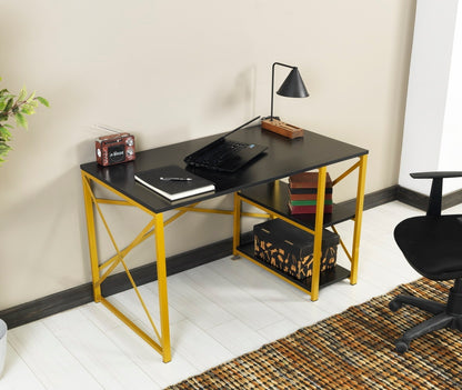 Furnish Home Store Morello Gold Metal Frame 47" Wooden Top 2 Shelves Writing and Computer Desk for Home Office, Black