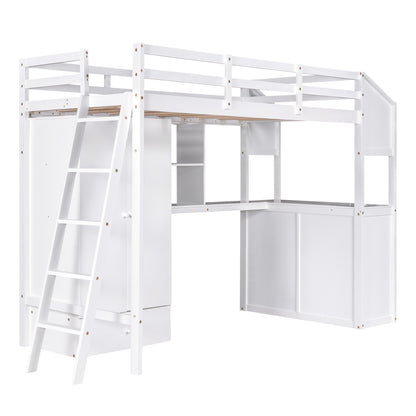 Twin Size Loft Bed with Wardrobe and Drawers, attached Desk with Shelves, White