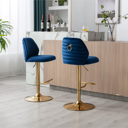 Swivel Bar Stools Chair Set of 2 Modern Adjustable Counter Height Bar Stools, Velvet Upholstered Stool with Tufted High Back & Ring Pull for Kitchen , Chrome Golden Base,Blue