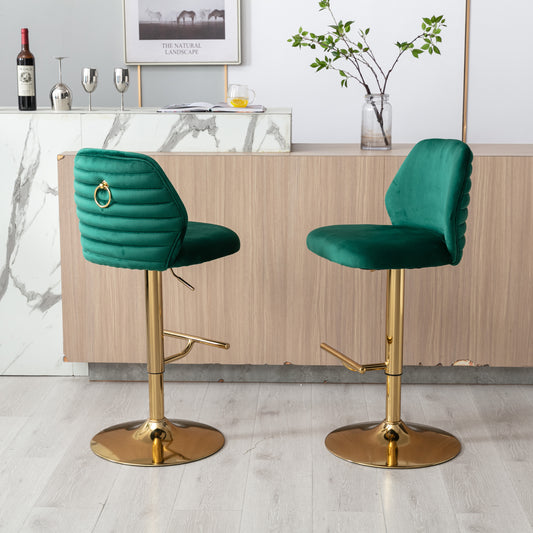 Swivel Bar Stools Chair Set of 2 Modern Adjustable Counter Height Bar Stools, Velvet Upholstered Stool with Tufted High Back & Ring Pull for Kitchen , Chrome Golden Base, Green