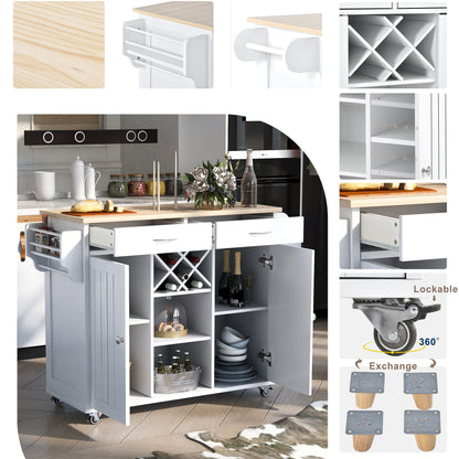 K&K Store Kitchen Island Cart with Two Storage Cabinets and Four Locking Wheels，Wine Rack, Two Drawers,Spice Rack, Towel Rack （White）