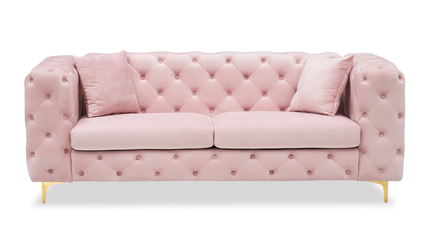 New design comfortable pink loveseat with two throw pillows in the same color