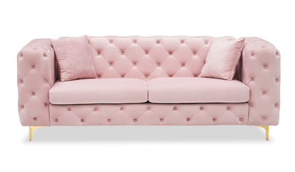 New design comfortable pink loveseat with two throw pillows in the same color