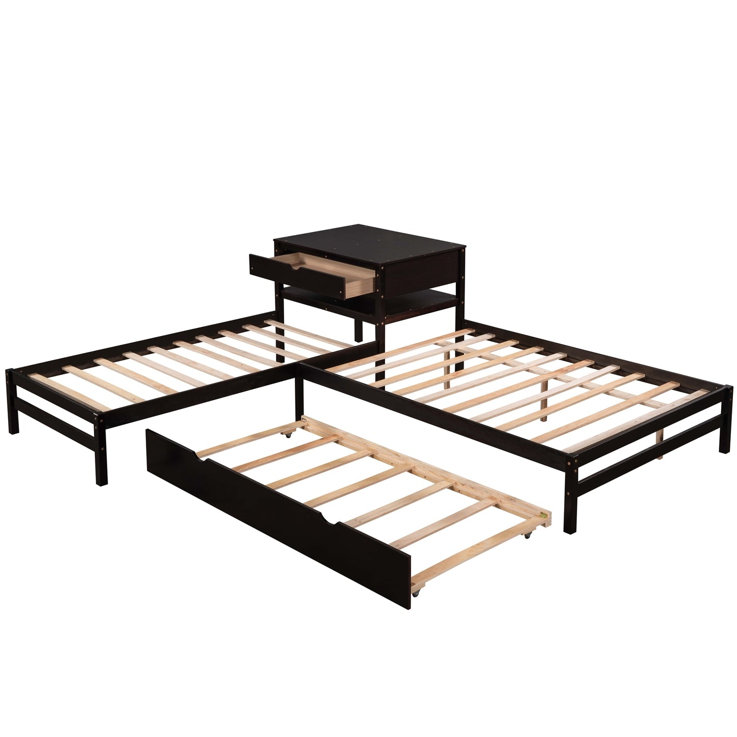 L-Shaped Full Size and Twin Size Platform Beds with Twin Size Trundle and Drawer Linked with Built-in Rectangle Table,Espresso