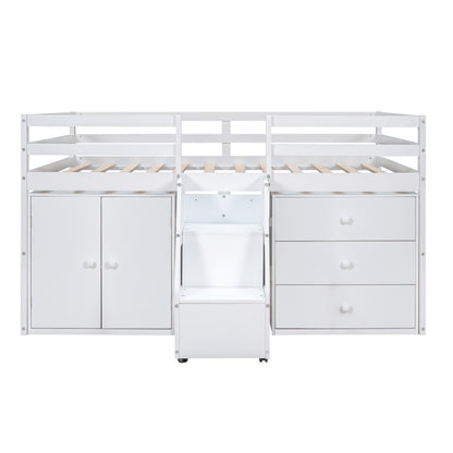 Full Size Functional Loft Bed with Cabinets and Drawers, Hanging Clothes at the back of the Staircase, White