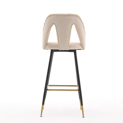 A&A Furniture,Akoya Collection Modern | Contemporary Velvet Upholstered Connor 28" Bar Stool & Counter Stools with Nailheads and Gold Tipped Black Metal Legs,Set of 2 (Beige)