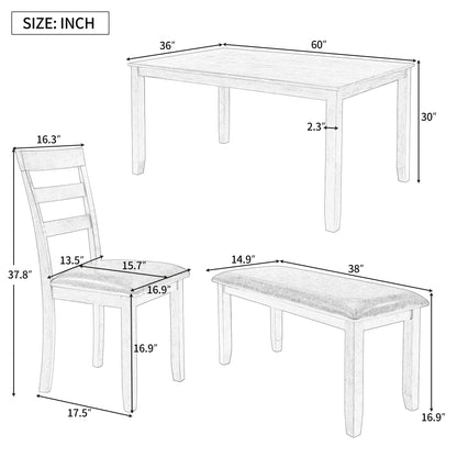 TREXM 6-Piece Kitchen Simple Wooden Dining Table and Chair with Bench, Fabric Cushion (Gray)