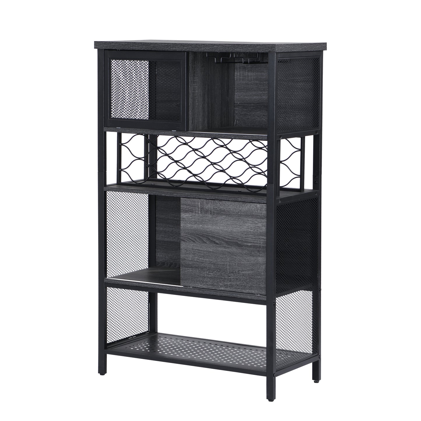 Industrial Bar Cabinet with Wine Rack for Liquor and Glasses, Wood and Metal Cabinet for Home Kitchen Storage Cabinet