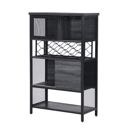 Industrial Bar Cabinet with Wine Rack for Liquor and Glasses, Wood and Metal Cabinet for Home Kitchen Storage Cabinet