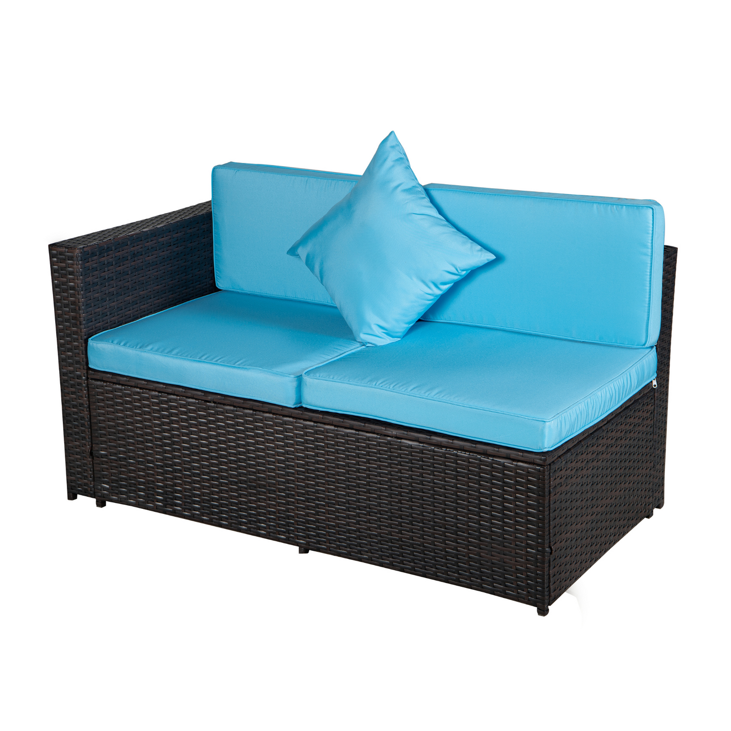 Patio Set 4-Piece Brown Poly Rattan Blue Cushion Combined 2 Blue Pillows Sectional Option Sofa Sets And Multifunctional Table