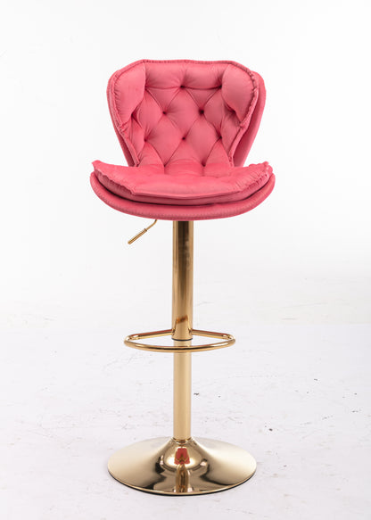 Set of 2  Bar Stools,with Chrome Footrest and Base Swivel Height Adjustable Mechanical Lifting Velvet + Golden Leg Simple Bar Stool-pink