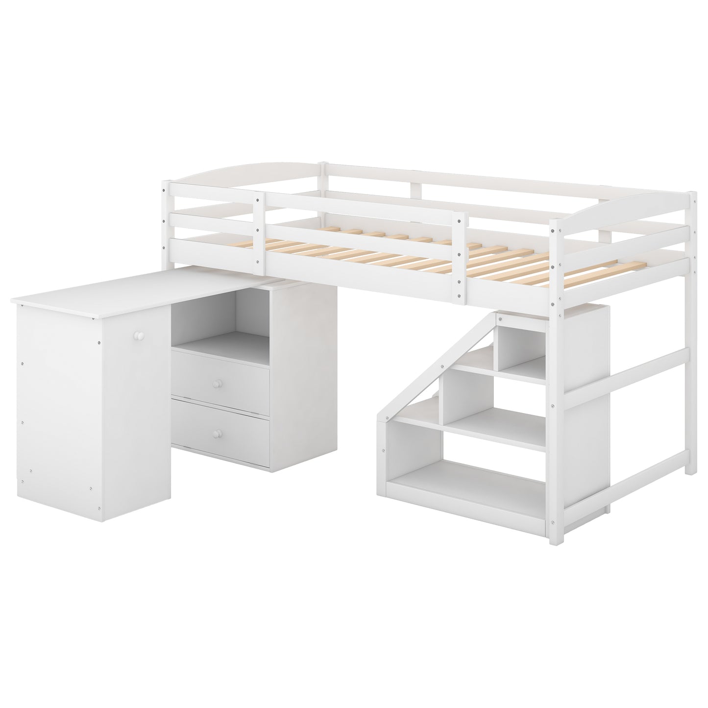 Twin Size Loft Bed with Multifunctional Movable Built-in Desk and and Staircase,White(OLD SKU:GX000925AAK)