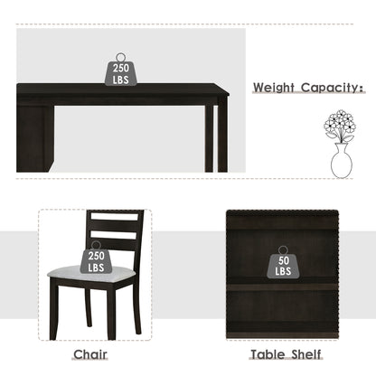 TOPMAX Farmhouse Wood 5-Piece Dining Table Set with 2-Tier Storage Shelves,Kitchen Set for 4 with Padded Dining Chairs, Espresso