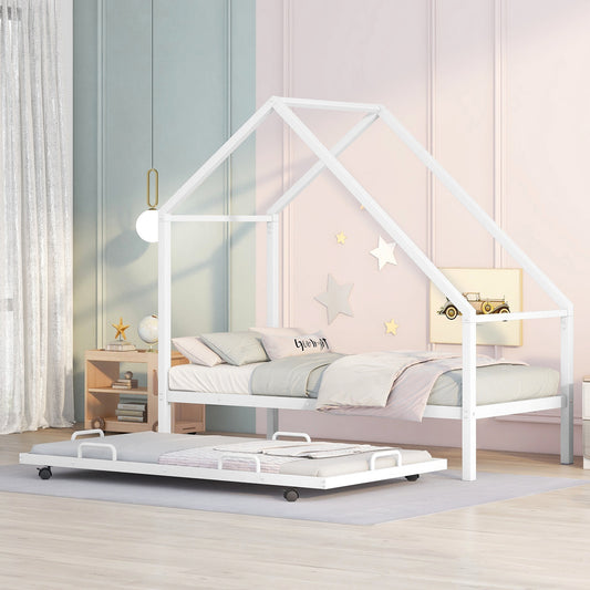 Metal House Bed With Trundle, Twin Size House Bed White