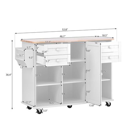 K&K kitchen island cart with Spice Rack, Towel Rack & Drawer,Rubber wood desktop,5 wheels including 4 lockable wheels,52.8inch width (White)