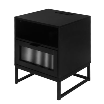 Nightstand with LED Lights / Drawer, Black Bedside Table for Bedroom