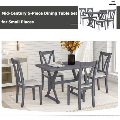 TOPMAX Mid-Century Wood 5-Piece Dining Table Set with 4 Upholstered Dining Chairs for Small Places, Antique Grey