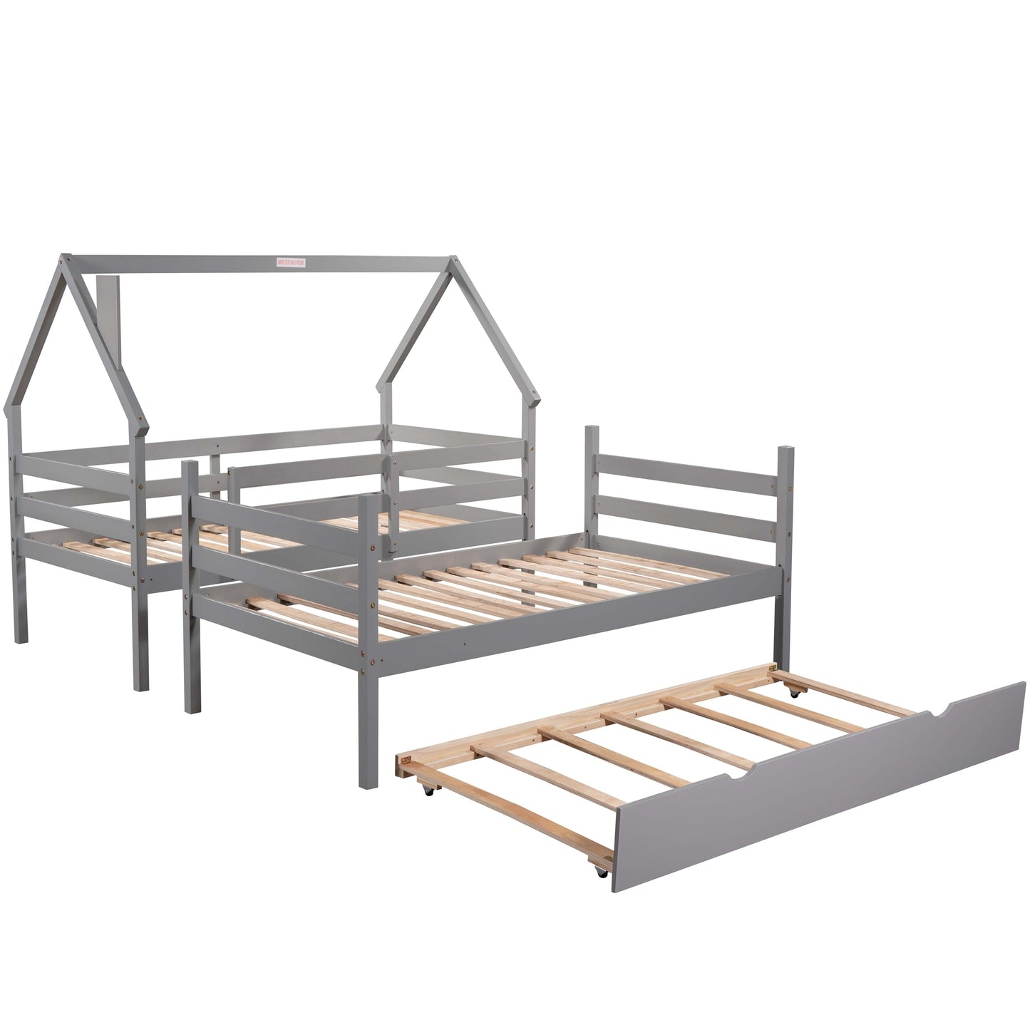 Twin over Twin House Bunk Bed with Trundle and Chimney Design,Gray