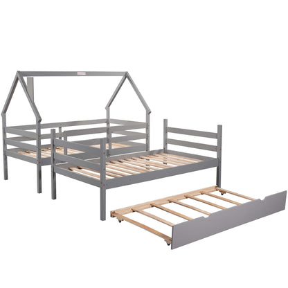 Twin over Twin House Bunk Bed with Trundle and Chimney Design,Gray