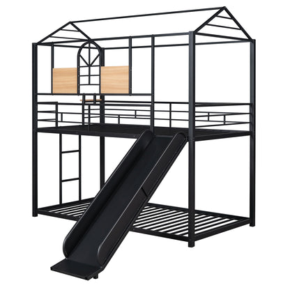 Twin Over Twin Metal Bunk Bed ,Metal Housebed With Slide,Three Colors Available.(Black with Black  Slide)(OLD SKU :LP000095AAB)