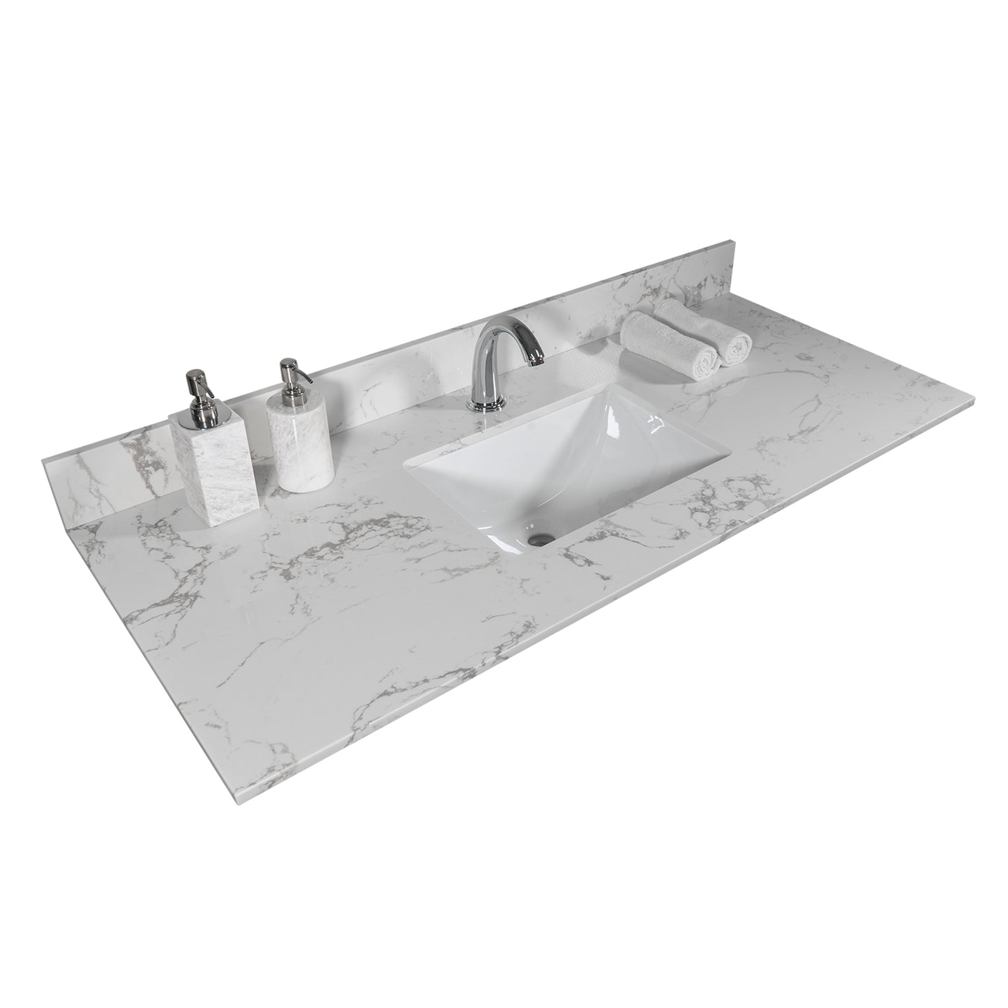 Montary 43‘’x22" bathroom stone vanity top  engineered stone carrara white marble color with rectangle undermount ceramic sink and  single faucet hole with back splash .