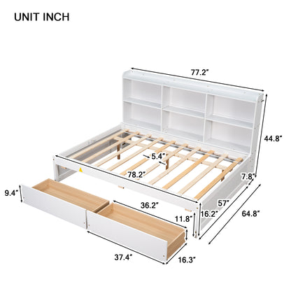 Full Bed with Side Bookcase, Drawers,White