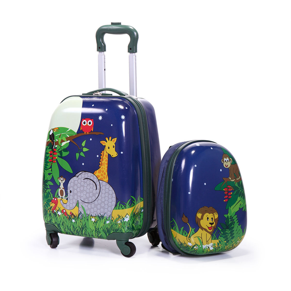 2 PCS Kids Luggage Set, 12" Backpack and 16" Spinner Case with 4 Universal Wheels, Travel Suitcase for Boys Girls,Navy Blue with Animal Patterns