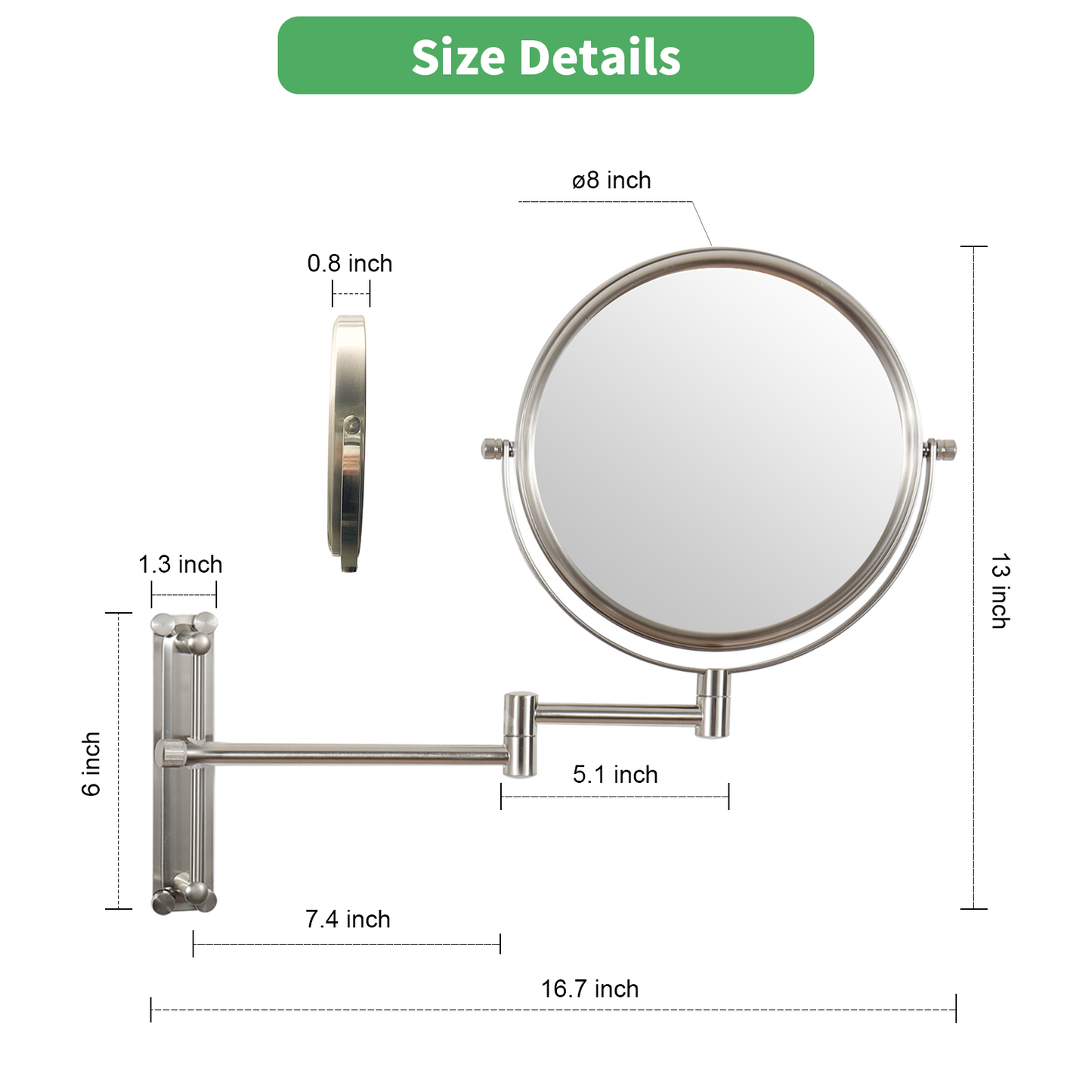 8-inch Wall Mounted Makeup Vanity Mirror, Height Adjustable, 1X / 10X Magnification Mirror, 360° Swivel with Extension Arm (Brushed Nickel)