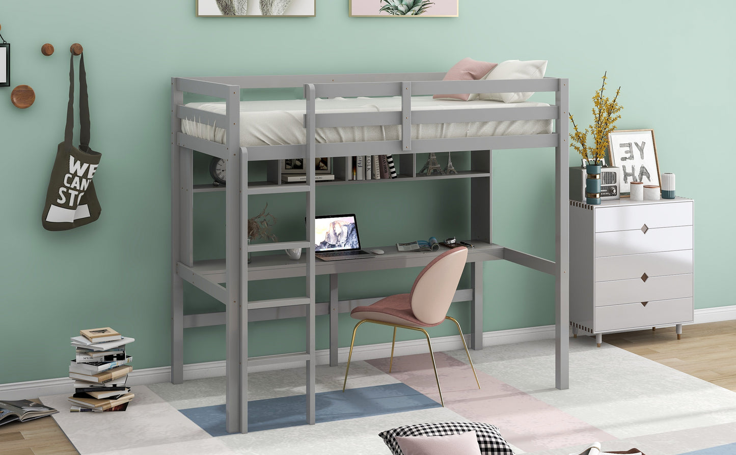 Twin Size Loft Bed with Convenient Desk, Shelves, and Ladder, White(Similar SKU:SM001302AAE)