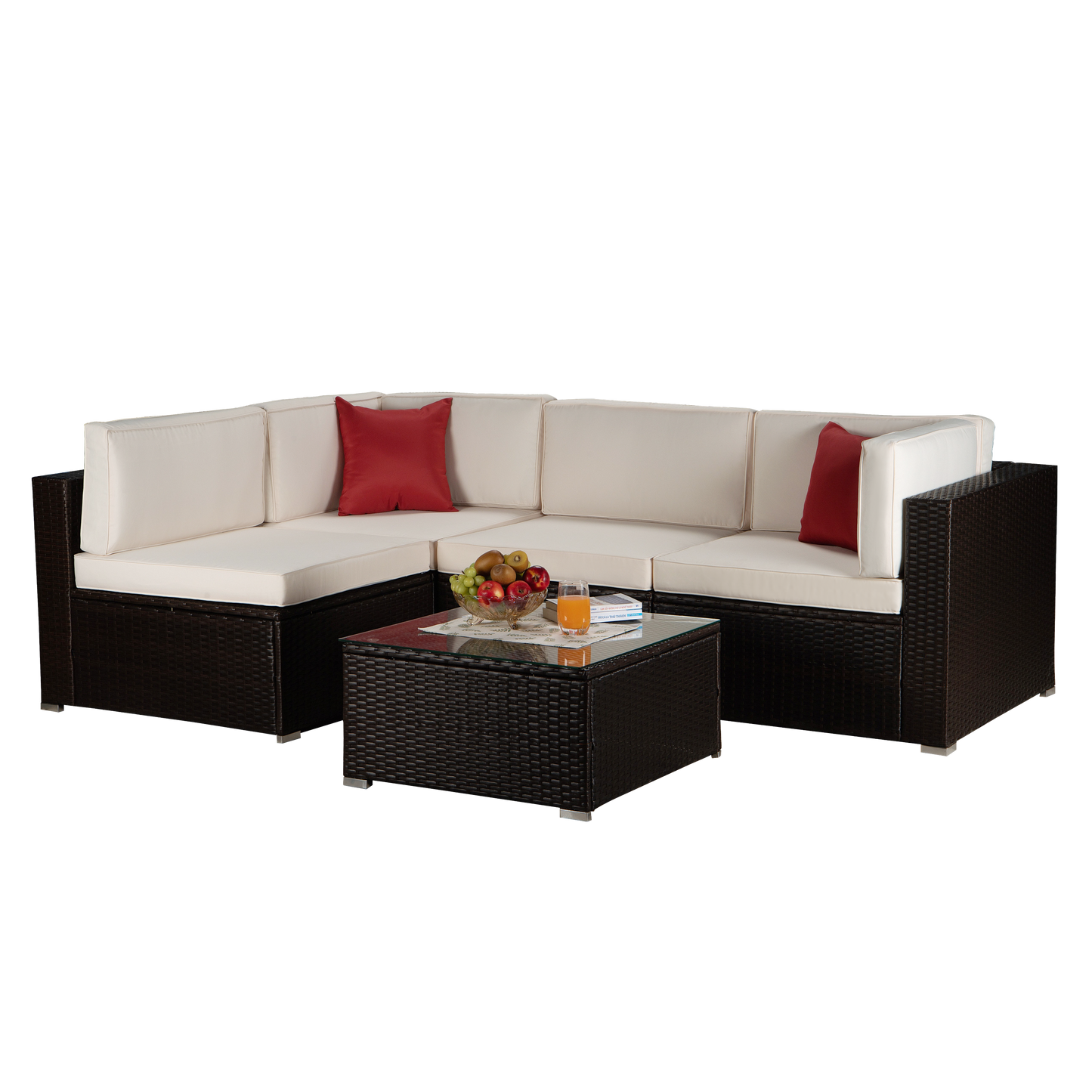 Outdoor Garden Patio Furniture 5-Piece Brown PE Rattan Wicker Sectional Beige Cushioned Sofa Sets with 2 Red Pillows