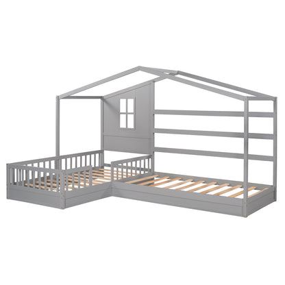 Wood House Bed Twin Size, 2 Twin Solid Bed L structure with fence and slatted frame （Gray)