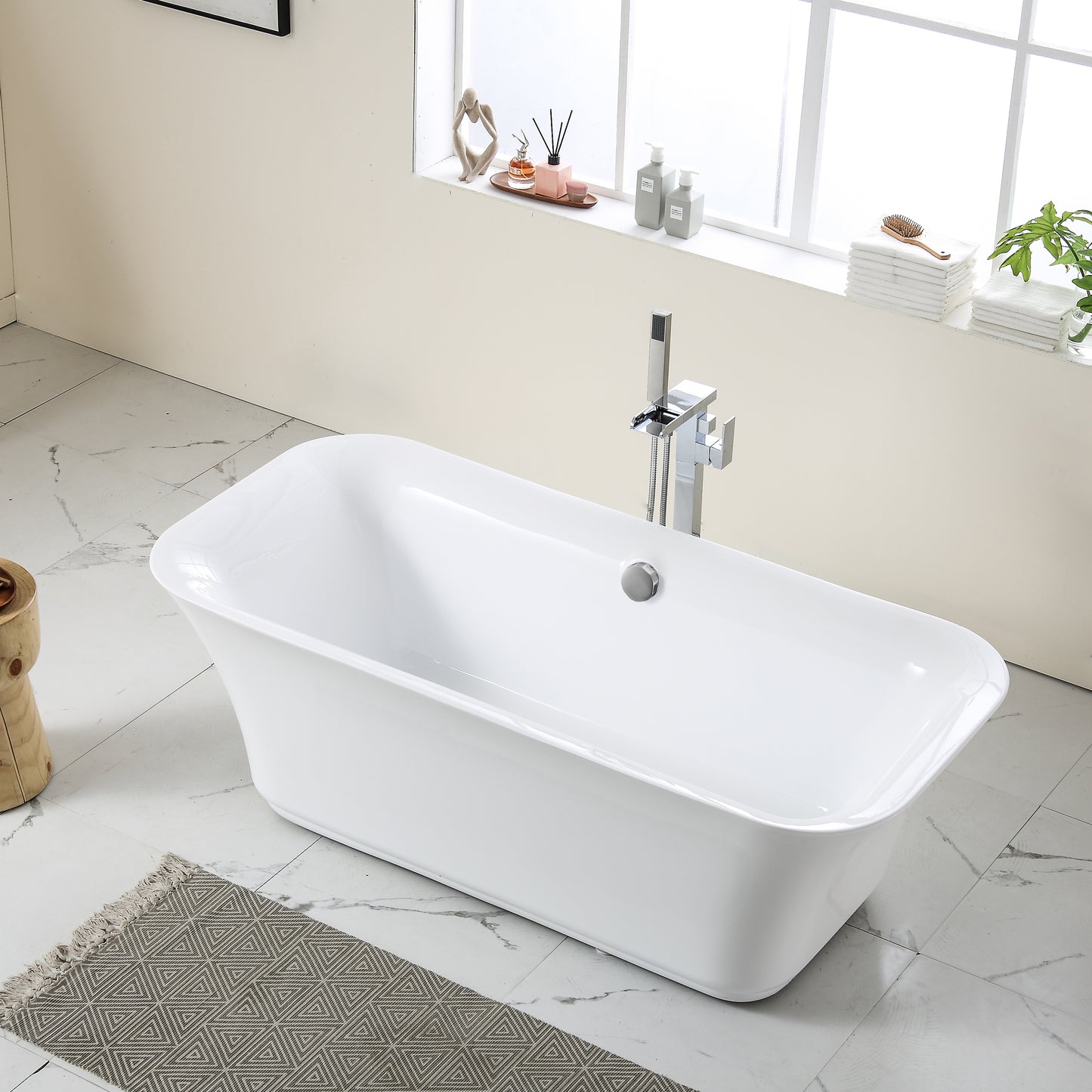 67"L x 31.5"W Acrylic Art Freestanding Alone White Soaking Bathtub with Brushed Nickel Overflow and Pop-up Drain