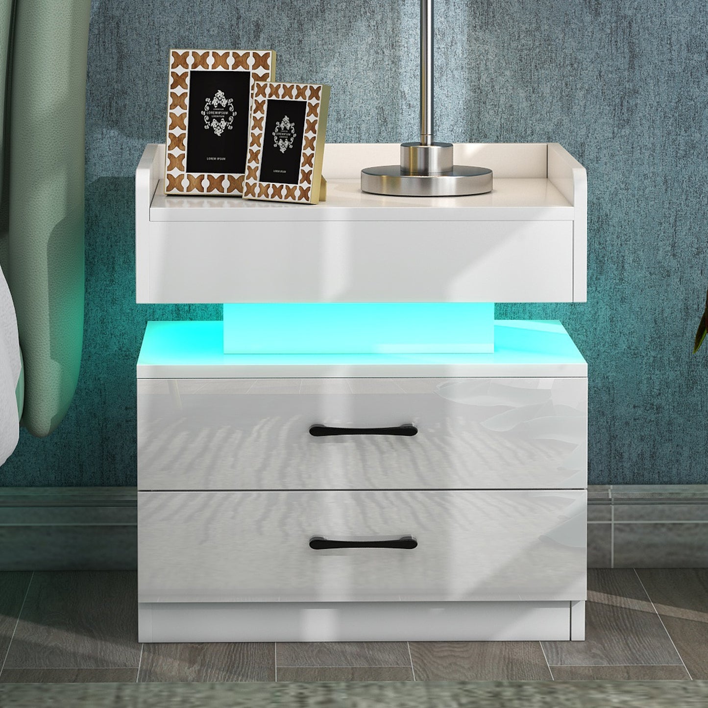 Nightstand with 2 Drawers,USB Charging Ports and Remote Control LED Light-White