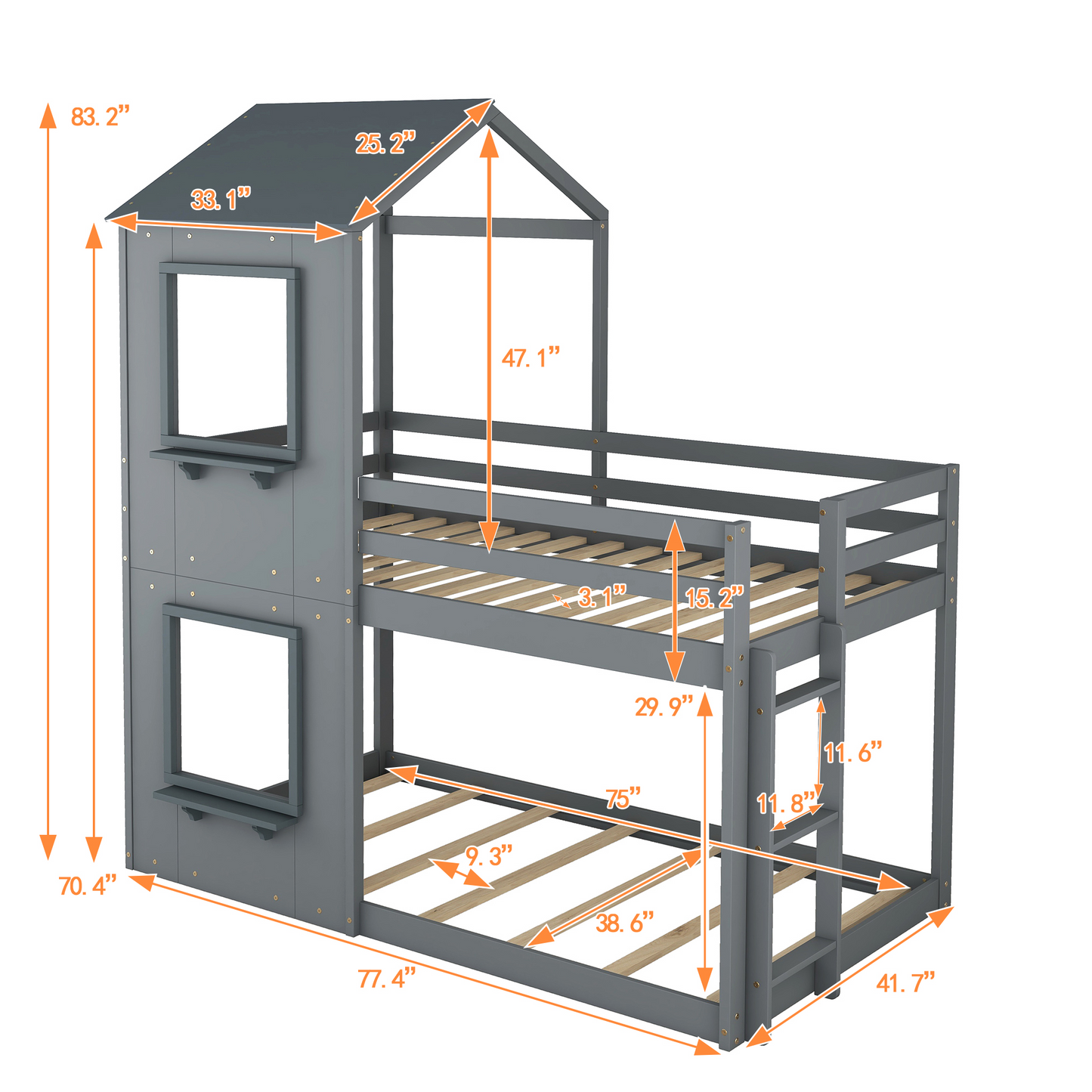 Twin Over Twin Bunk Bed Wood Bed with Roof, Window, Guardrail, Ladder (Gray)