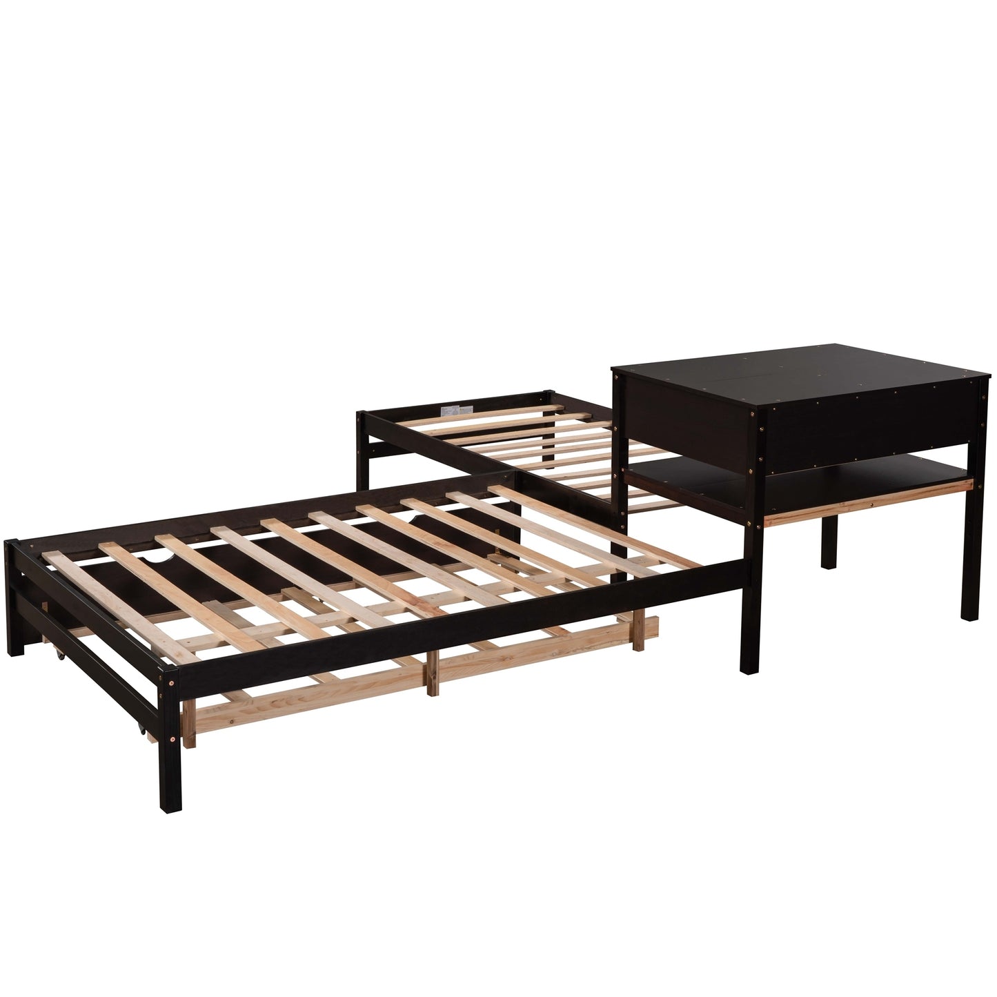 L-Shaped Full Size and Twin Size Platform Beds with Twin Size Trundle and Drawer Linked with Built-in Rectangle Table,Espresso