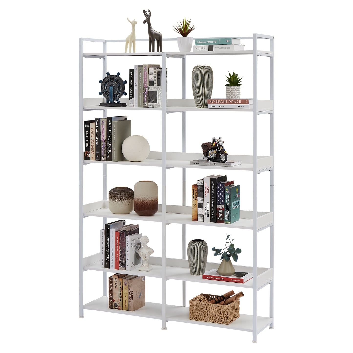 70.8 Inch Tall Bookshelf MDF Boards Stainless Steel Frame, 6-tier Shelves with Back&Side Panel, Adjustable Foot Pads, White