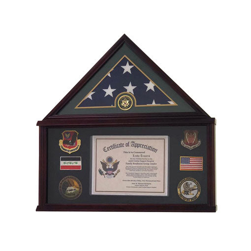 Flags Connections - Large Military Shadow Box Frame Memorial Burial Funeral Flag Display Case for 5x9 Flag, Solid Wood with Armed Forces Emblems. by The Military Gift Store