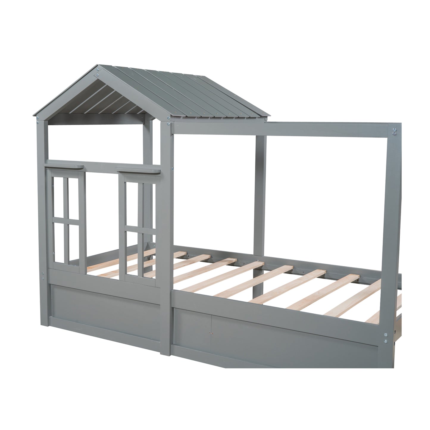 Twin Size House Bed with Roof, Window and Drawer - Gray