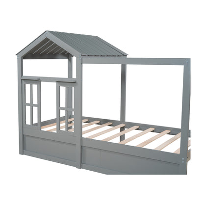 Twin Size House Bed with Roof, Window and Drawer - Gray