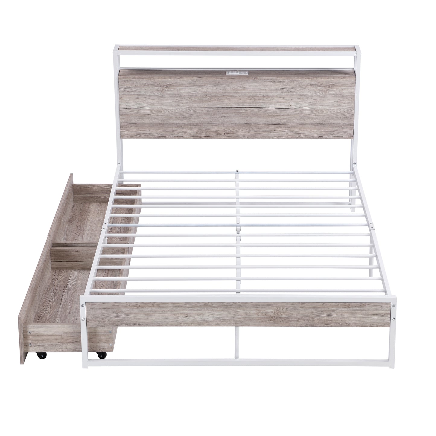 Full Size Metal Platform Bed Frame with  Two Drawers,Sockets and USB Ports ,Slat Support No Box Spring Needed White