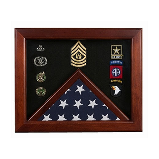 Military Flag medal display case, Mahogany wood for 3x5 flag available in blue or black. by The Military Gift Store
