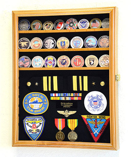 Challenge Coin/Medals/Pins/Badges/Ribbons/Insignia/Buttons Chips Combo Display Case Box Cabinet (Oak Finish) by The Military Gift Store