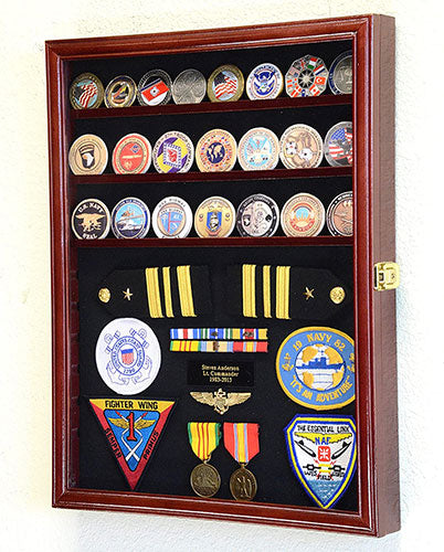 Challenge Coin/Medals/Pins/Badges/Ribbons/Insignia/Buttons Chips Combo Display Case Box Cabinet (Cherry Finish) by The Military Gift Store